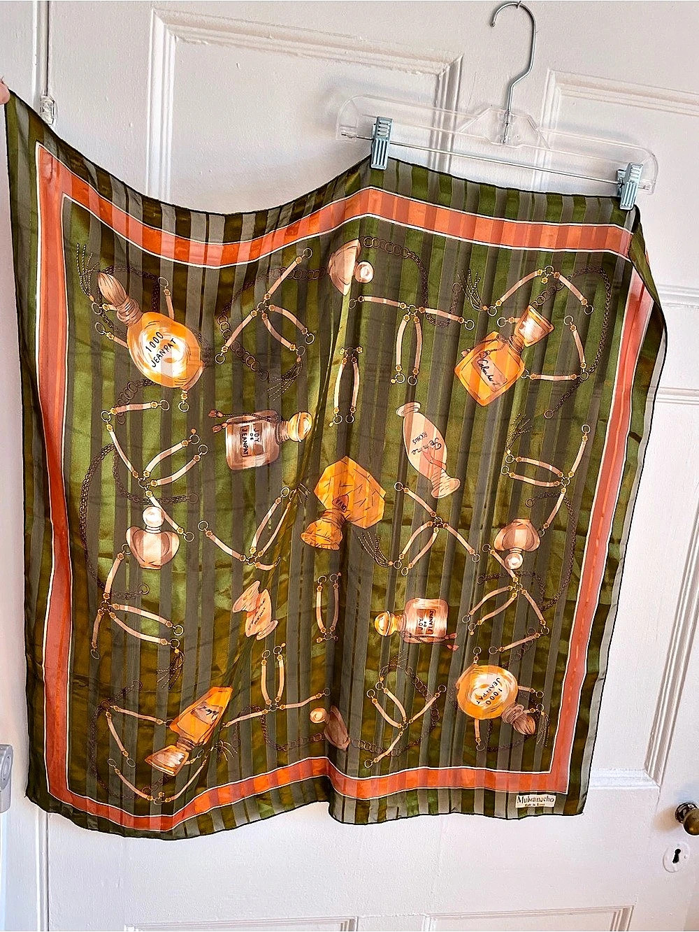 Mulmangcho | Faux Silk Vintage Perfume Print Green & Orange Scarf